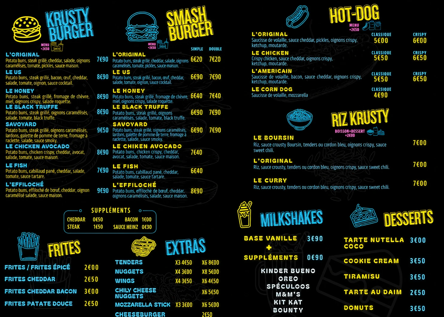 Carte complète Chez Krusty : burgers, hot-dog, riz, frites, milkshakes, desserts