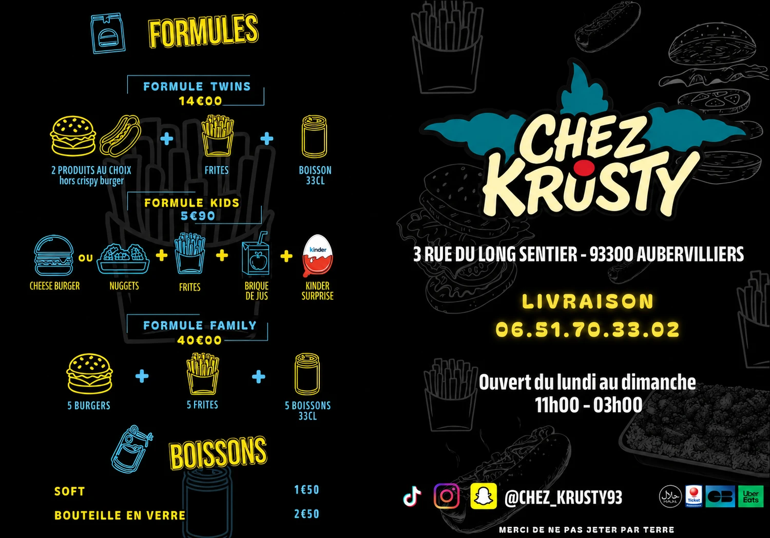 Formules, boissons et informations Chez Krusty